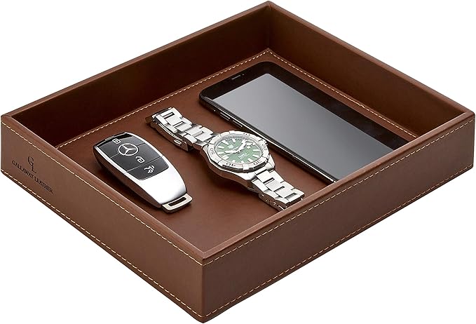 GALLAWAY Leather Valet Tray for Men - Nightstand Organizer EDC Tray for Wallet and Keys - Bedside Dresser Catch All Dump Key Bowl for Entryway Table, Dark Brown