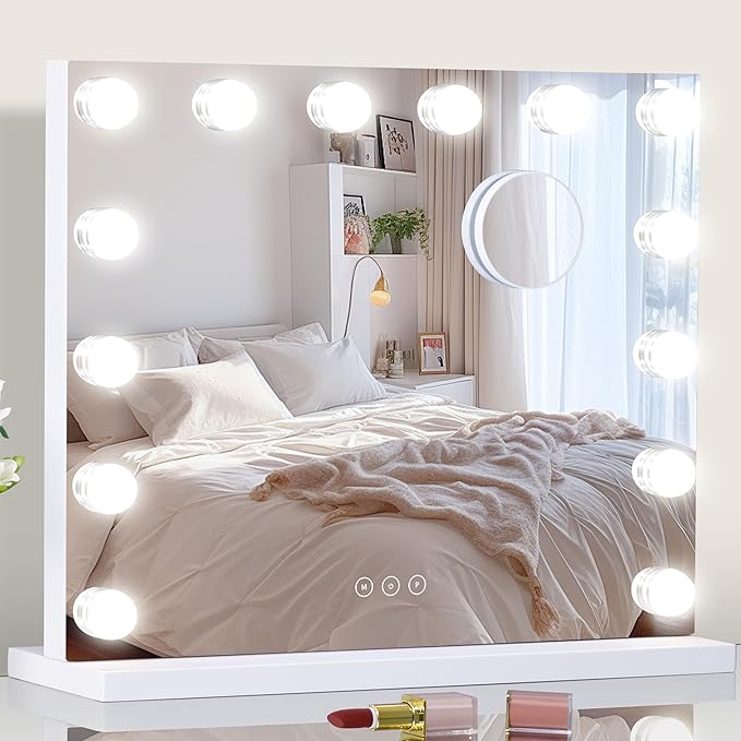 Vanity Mirror with Lights Lighted Makeup Mirror with Dimmable LED Bulbs,3 Color Lighting Modes,USB Charging Port Touch Control,Sturdy Metal Frame Design,White (50x40cm, 4.70)