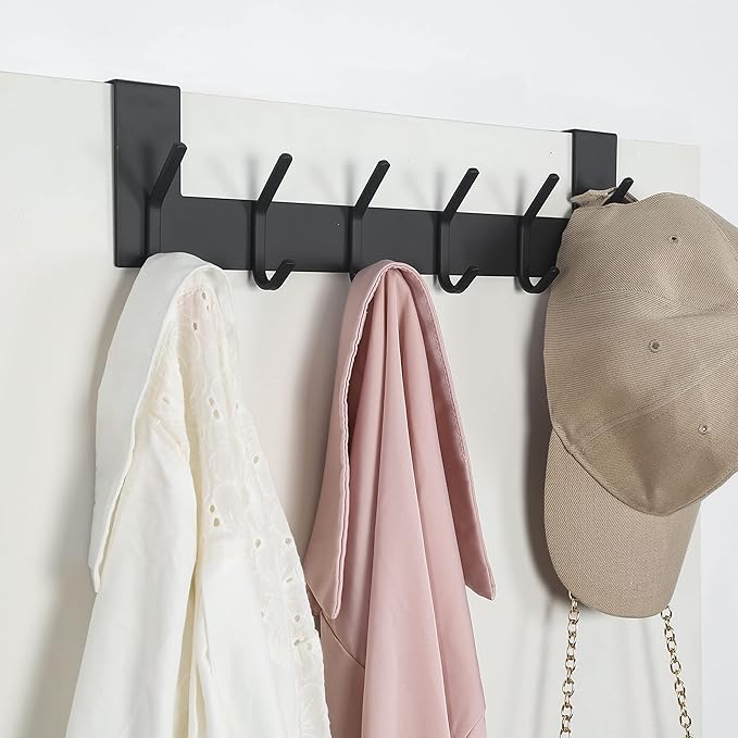 SKOLOO Over The Door Hook - for Doors up to 1-3/4'' Thickness, Black, No Assembly Required, Stainless Steel, Door Coat Rack for Entryway & Bathroom Hanging Coats, Backpack, Robes, Towels