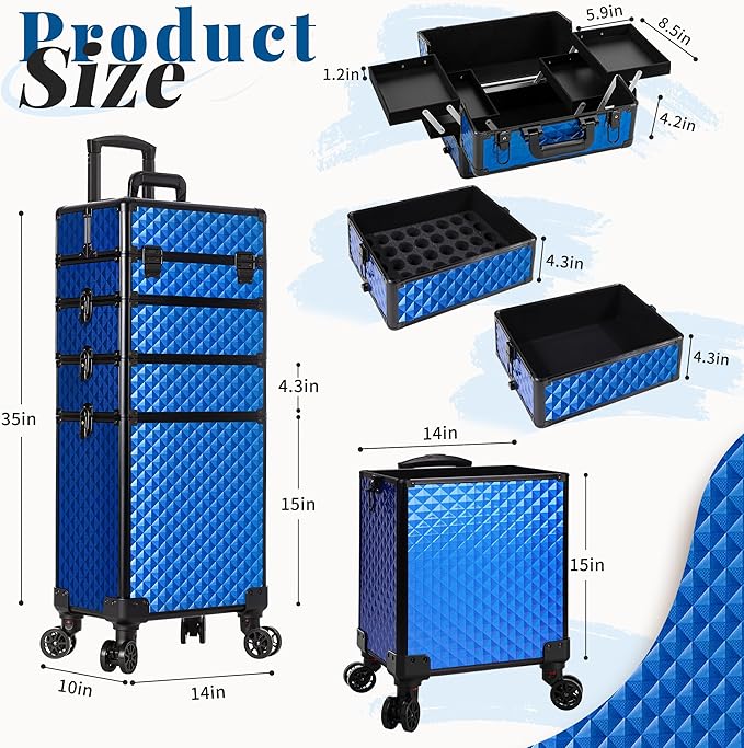 AROUS Rolling Makeup Train Case 4 in 1 Cosmetology Case on Wheels Large Storage Cosmetic Trolley with Key Salon Barber Case Traveling Cart Trunk, Blue