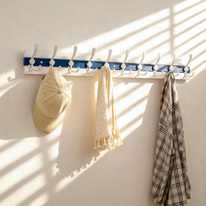 SKOLOO Coastal Wall Mounted Coat Rack - 38-1/8" Beach House Entryway Wooden Coat Hook with 10 Hooks for Hanging Coats, Hats or Towels, Oceanfront Cottage Core Collection, White & Blue