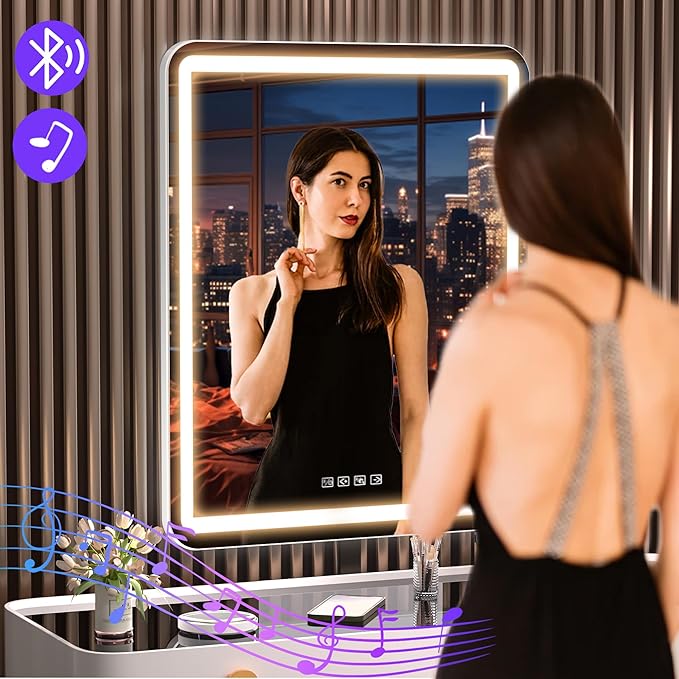Hasipu Vanity Mirror with Lights and Bluetooth Speaker, 20" x 25" LED Makeup Mirror, Light up Mirror with 10X Magnification and USB Charging Port, Smart Touch 3 Colors Dimmable (White)