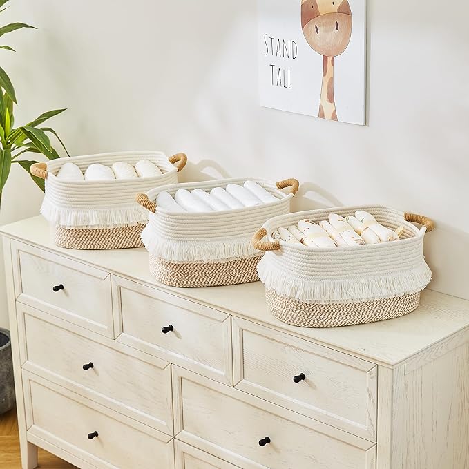 Storage Bins Woven Baskets for Storage Set of 3, Cotton Rope Basket with Handles for Toys/Shelves/Laundry, Rectangle Multi-Purpose Organizer for Living Room, Bedroom, Nursery (White/Brown)