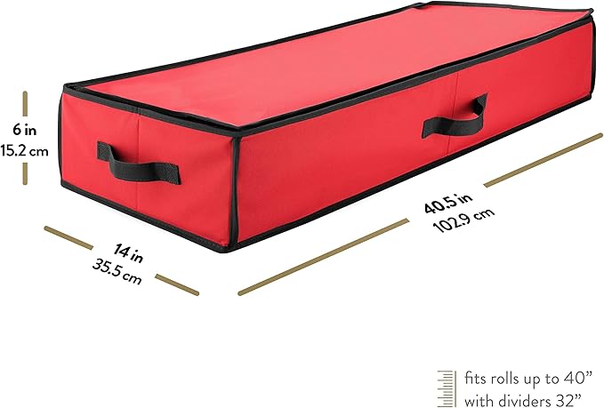 ZOBER Gift Wrapping Paper Organizer Storage - 40" Gift Wrap Storage Containers with Interior Pockets for Bows, Tags & Ribbons - Wrapping Paper Holder, 600D Oxford, Fits 24 Standard Rolls, Red/Black