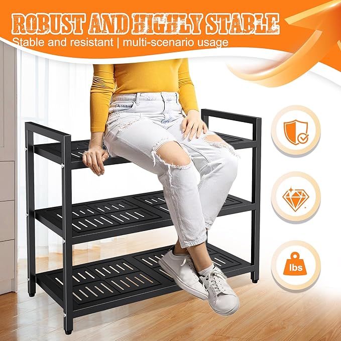 4-Tier Heavy Duty Metal Shoe Rack, 200 lbs Load Capacity Shoe Organizer with Reinforced Steel Tubes, No-Wobble Free Standing Shoe Shelf for Entryway, Closet, Bedroom, Dorm – Easy Assembly, Black