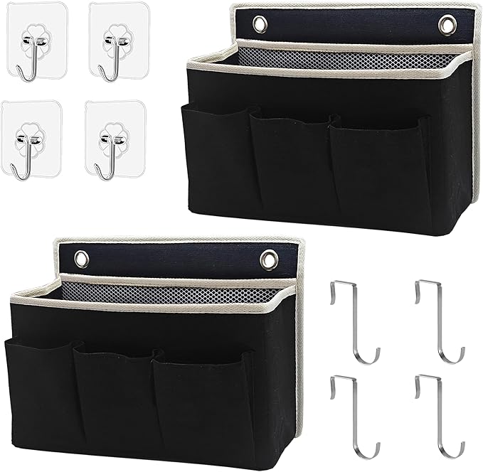 2-Pack Wall Hanging Organizer Bag/Hanging Baskets with Large Mesh Compartment & 3 Pockets，Over the Door Organizer Space Saving Storage for Bedroom,RV Camper, Closet (Black - 2 Pack)