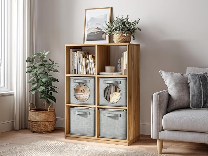 Vailando Foldable Fabric Storage Cube with Round Window - 4 Pack 11"x11"x11" Collapsible Closet Organizer Bins for Clothes, Shelves, Offices, Laundry & Misc, Light Gray