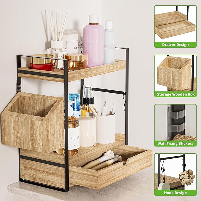 2-Tier Bathroom Counter Organizer with Drawer and Basket, Wood Countertop Organizer for Storage, Skincare Organizers for Vanity, Counter Shelf for Bathroom Organization