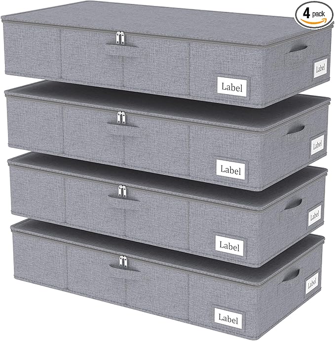 Yawinhe Foldable Underbed Storage Bags, Containers Bin with Lids, Large Under Bed Organizer Box, with Sturdy Zipper und Label Holders, for Clothing, 31.5''Lx15.7''Wx6''H, 4 Pack, Grey