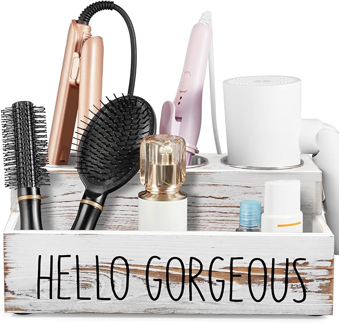 Bivvclaz Hair Tool Organizer, Rustic White Wood Hair Dryer Holder Countertop, Wall Mount Hot Tools Organizer for Hair Styling Accessories, Bathroom Supplies Vanity Caddy for Curling Wand, Blow Dryer