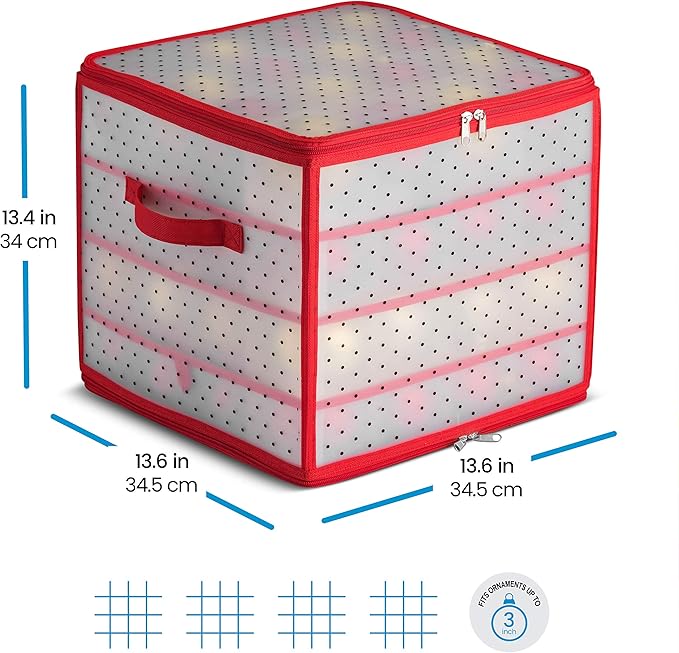 ZOBER Christmas Ornament Storage Box Plastic - Stores 64 3" Ornaments with Individual Trays - Ornament Organizer Storage Box, Durable Christmas Containers Holder - Red