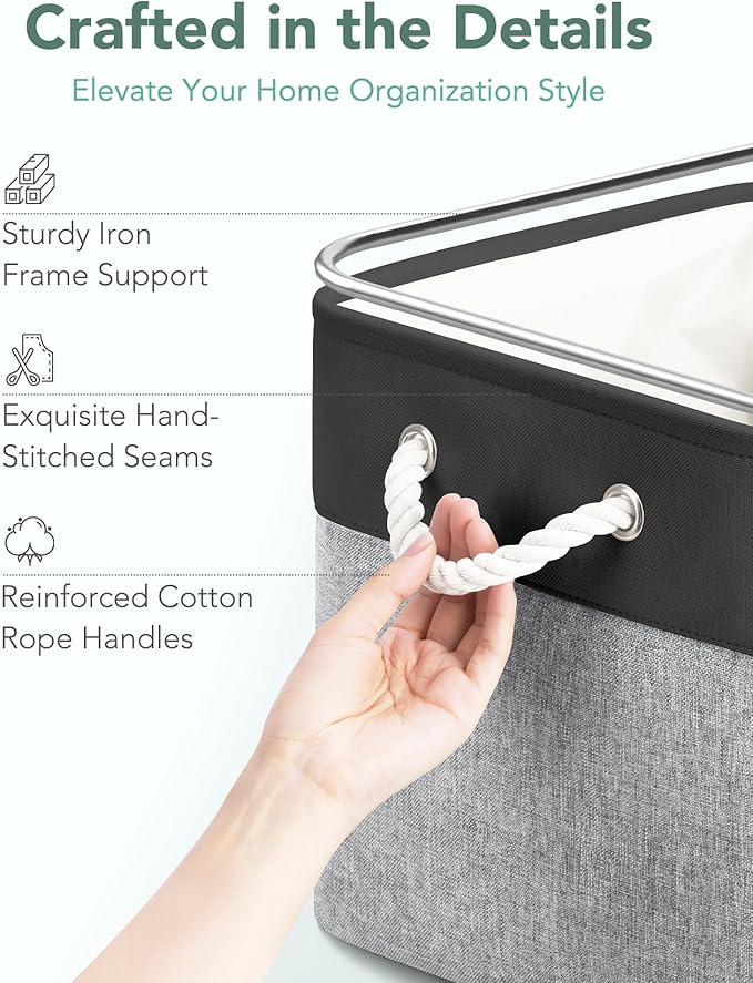 13x15x13 Storage Cube Bins, Heavy Duty Foldable Fabric Storage Bins with Handles and Metal Frame, 6 Pack Large Closet Organizer Bins for Clothes, Socks, Towels, Black Grey