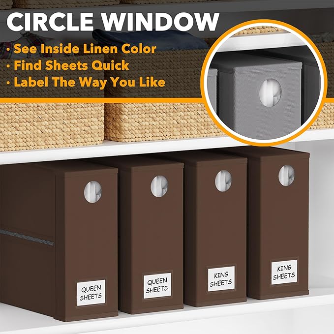 SpaceAid 4 Pack Bed Sheet Organizers and Storage, Foldable Sheet Organizer for Linen Closet, Sheets Set Folder Keeper with Window XL (Queen & King Size) Bedding Container (Brown, 4 Pack)