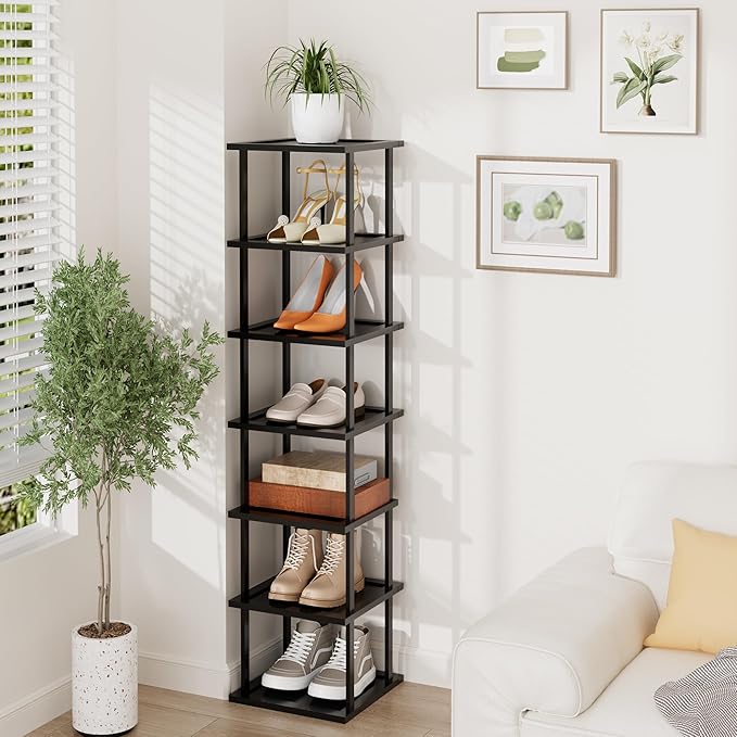 Vertical Tall Shoe Rack Organizer for Entryway -7 Tier Free Standing Slim Narrow Bamboo Wood Corner Stackable Shoe Boots Storage Stand Small Spaces for Closet Garage Cloakroom Living Room (Black)