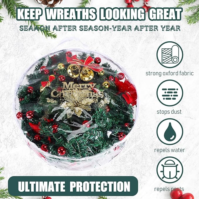 Shappy 1 Pcs 36 Inch Christmas Wreath Storage Container Clear Wreath Storage Bags PVC Waterproof Garland Bags with Clear Window Dual Zippers and Handles for Xmas Holiday Artificial Garland (White)