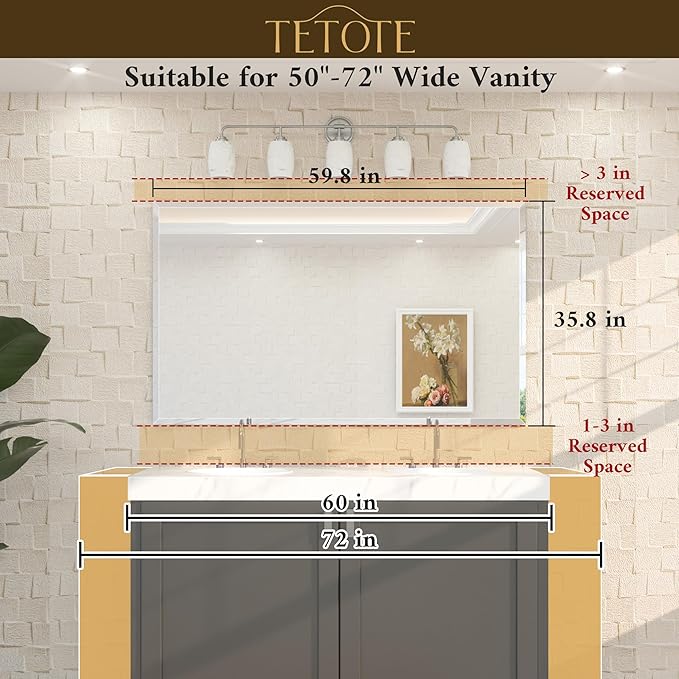 TETOTE 60" x 36" Rectangle Tempered Mirror with Frameless Beveled Edge for Vanity and Bathroom