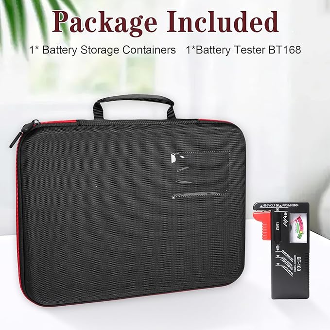 Battery Organizer Storage Case with Tester BT-168 Holds 198 AA AAA C D 9V Button Cells - Fireproof Waterproof Battery Box & Storage Container(Batteries Not Included)
