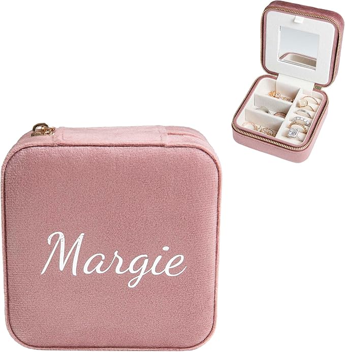 Customizable Compact Velvet Jewelry Box with Mirror, Travel Jewelry Case, Travel Jewelry Organizer, Jewelry Box for Women and Girls, Small Jewelry Organizer (Center Text, Nude Pink)