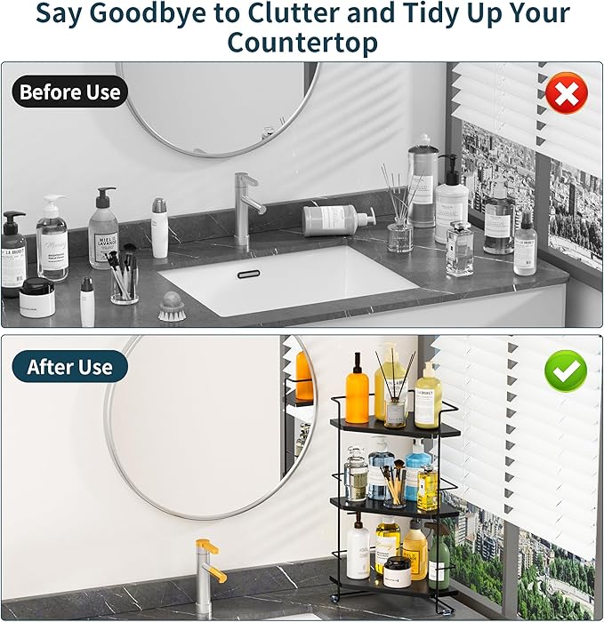 3-Tier Bathroom Organizer, Bathroom Counter Organizer, Bathroom Organizers and Storage for Bathroom, Kitchen Counter, Corner Storage Shelf for Bedroom Storage Makeup Skincare Perfume (Black)