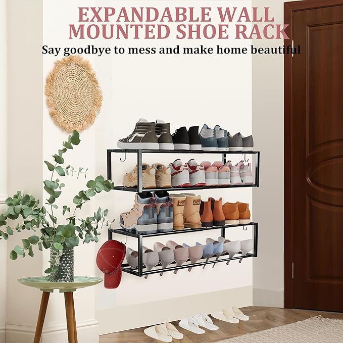 Expandable Wall Mounted Shoe Rack, 17"-31" Adjustable Hanging Shoe Rack Holds 8 Pairs, Heavy Duty Metal Shoe Holder with 2 Storage Hooks, Space Saving for Entryway Closet Doorway（Black）