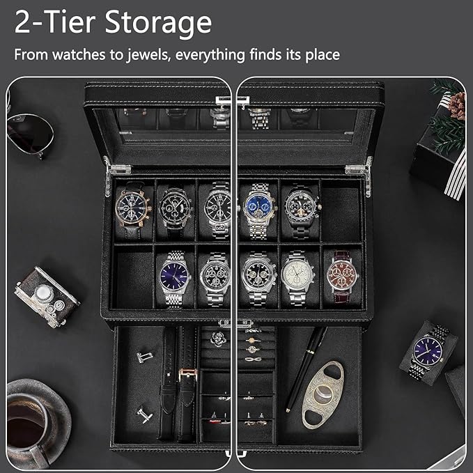 BEWISHOME Watch Box for Men, 12-Slot Watch Case with Drawer, 2-Layer Mens Jewelry Box with Large Glass Lid, Watch Display Case Watch Holder Organizer Watch Storage for Men Women Black, SSH02L