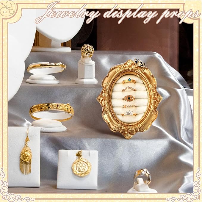 Vintage Ring Holder Oval Gold Ring Wedding Display Suede Jewelry Box Stand Frame Earring Tray Anniversary Engagement Baroque Organizer Photograph Prop for Women Birthday Christmas Gift
