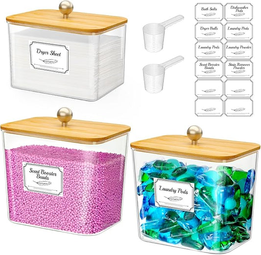 Lifewit Large Laundry Pods Container& Dryer Sheet Holder, Plastic Detergent Dispenser, Laundry Room Organization Storage Jars for Powder, Soap, Scent Booster Beads,Bamboo Lid,0.53+0.7 gal,3 Pcs