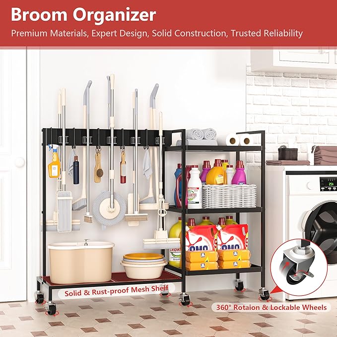 GIOTORENT Metal Cleaning Cart with Wheels - Rolling Broom Holder & Supplies Organizer, 10 Adjustable Clips, 5 Double-Hooks, 3-Tier Shelves, Brakes for Home, Commercial, Black