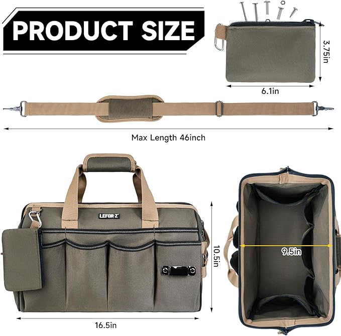 Tool Bag,16-Inch Heavy Duty Tool Bags for Men,27 Pockets Tool Box Organizer Storage,Wide Mouth Toolbag Tools Tote Carrying Case for Dad,Mechanic,Electrician,Bag Only