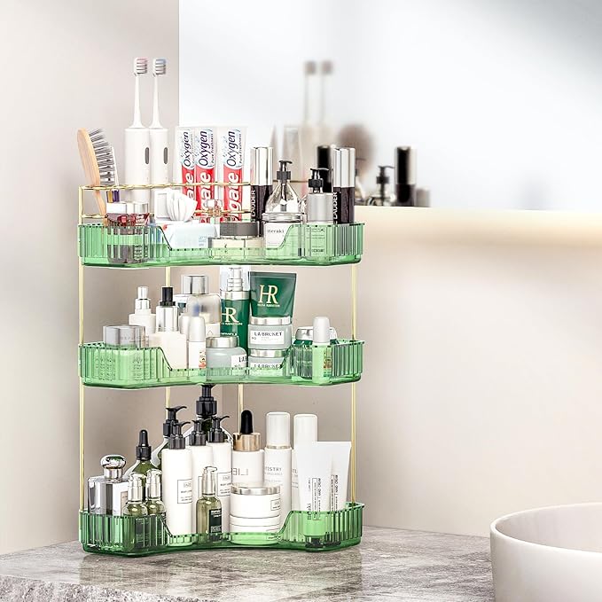3 Tier Corner Bathroom Organizer Countertop, Vanity Makeup Organizer with Brush Holder, Space-Saving Skincare Storage Corner Shelf for Bathroom, Dressing Table, Kitchen