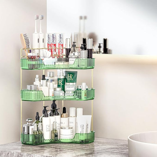 3 Tier Corner Bathroom Organizer Countertop, Vanity Makeup Organizer with Brush Holder, Space-Saving Skincare Storage Corner Shelf for Bathroom, Dressing Table, Kitchen