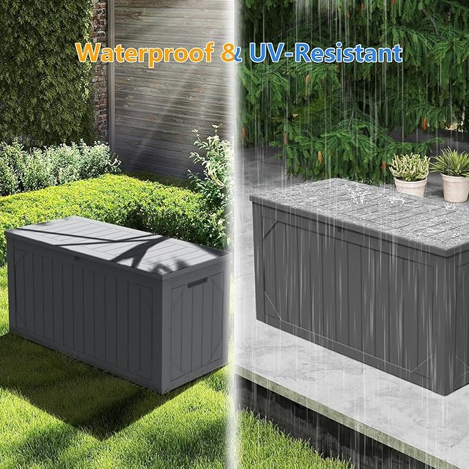 110 Gallon Resin Deck Box Waterproof Outdoor Storage Box for Patio Furniture Pool Accessories Indoor Storage for Cushion Garden Tools, Gray