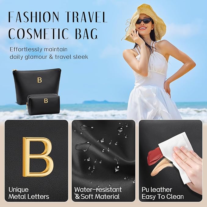 Valentine's Day Gifts for Women Girlfriend Initial Makeup Bag for Teen Girls Personalized Gifts for Friend Teacher Mom Wife Cosmetic Travel Toiletry Bag(Black,B)