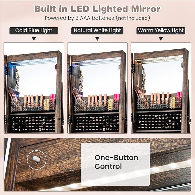 CHARMAID Jewelry Cabinet Armoire with Wheels, 64" H Full Length Mirror, 3-Color LED Lights, Height Adjustable Shelves, Lockable Standing Jewelry Organizer with Back Storage Shelves (Rustic Brown)