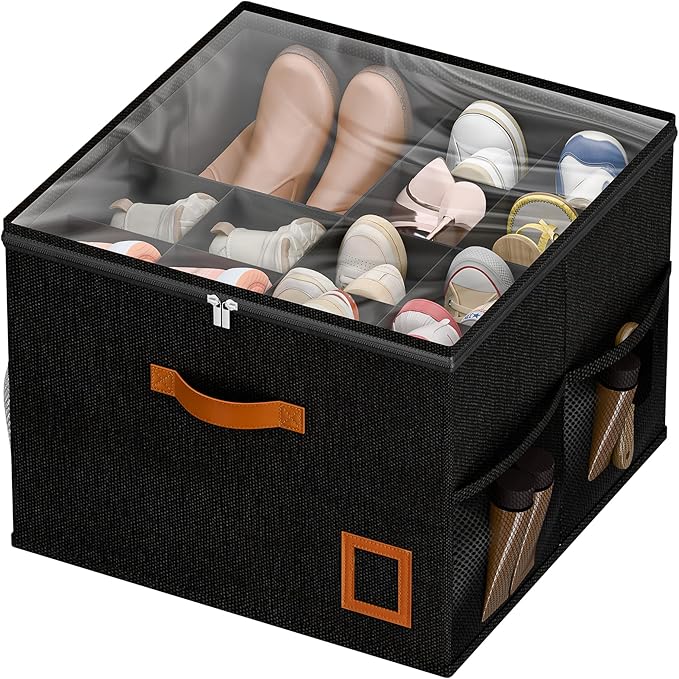 Shoe Organizer for Closet, 1 Pack Foldable Shoe Storage Organizer Box with Adjustable Dividers and Clear Cover, Space Saving Shoe Box with Reinforced Handles, Fits 8-16 Pairs, Black