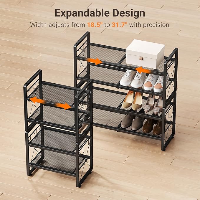 ELYKEN Shoe Rack, 4-Tier Expandable Shoe Organizer for Entryway, Metal Black Shoe Shelf with 4 Hooks, Adjustable Shoe Stand Holder for Closet, Garage, Door Entrance