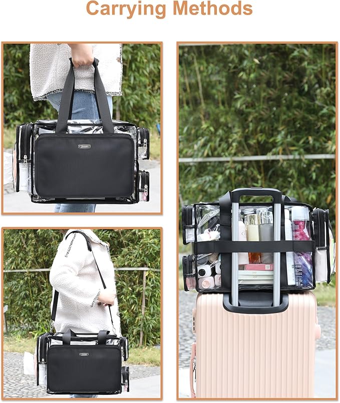 Relavel Clear Makeup Bag with 4 Small Pouches, Extra Large Makeup Artist Kit Set, Cosmetic Storage Organizer Transparent Tote Beach Toiletry Bag with Adjustable Dividers & Shoulder Strap
