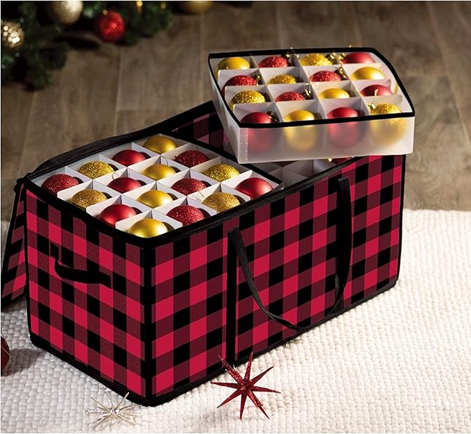 ZOBER Christmas Ornament Storage Box Plastic - Stores 128 3" Ornaments with Individual Trays - Ornament Organizer Storage Box, Durable Christmas Containers Holder - Plaid