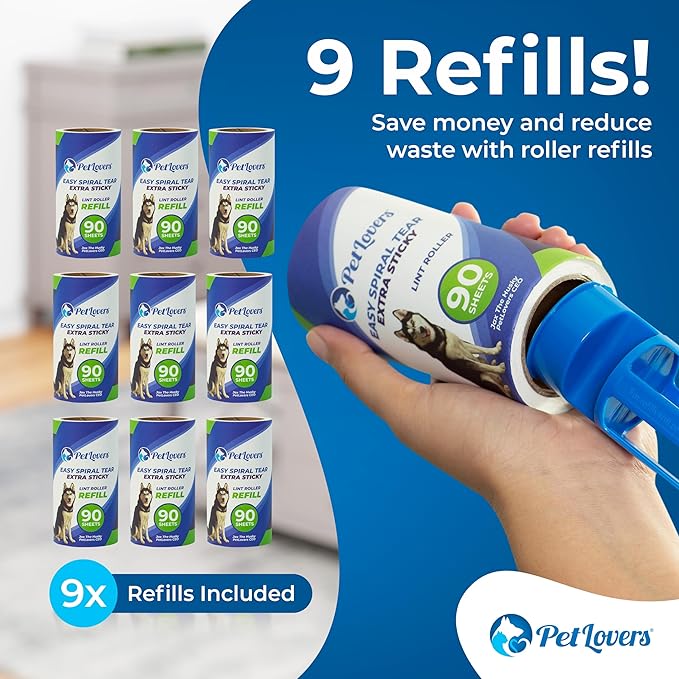 PetLovers Extra Sticky Lint Rollers and Refills - 990 Sheets, Dog and Cat Lint Remover, 9 Packs of Refills