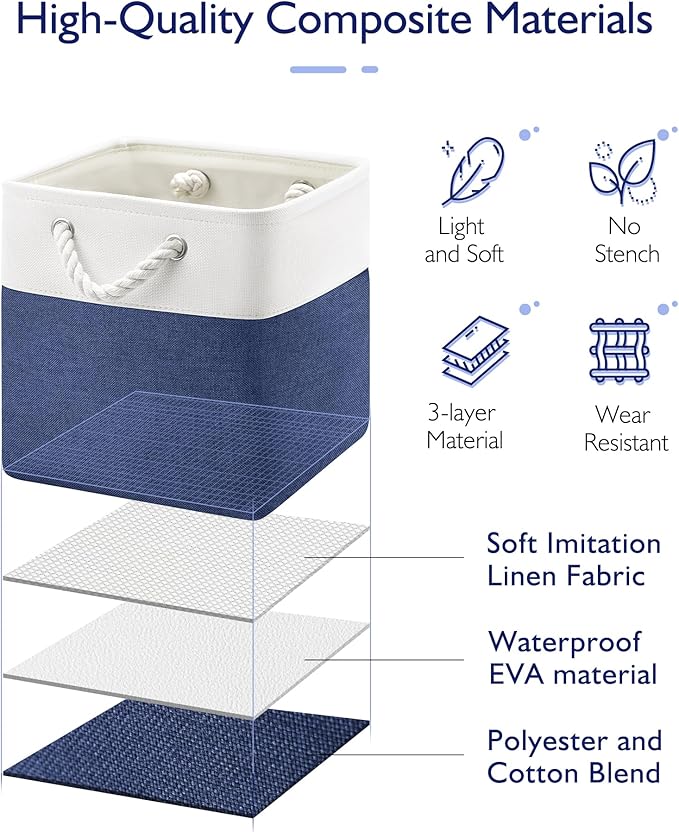 11 Inch Storage Cubes 4-Pack, Foldable Fabric Organizer Bins with Rope Handles, Cube Storage Baskets for Closet Shelves and Home Organization(White/Blue)