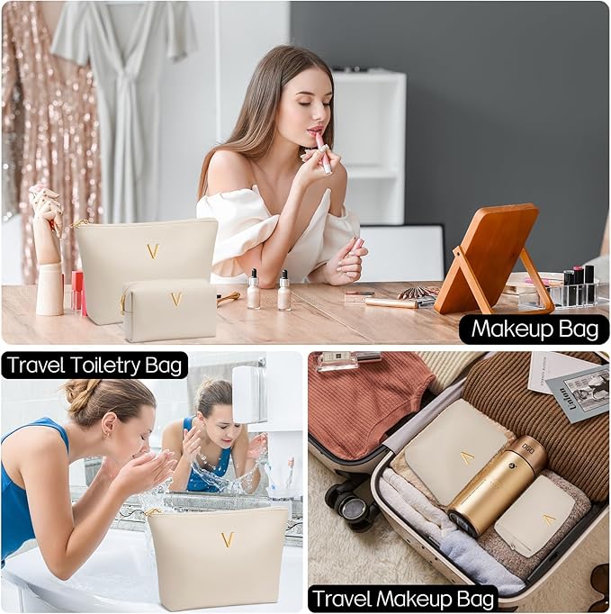 Valentine's Day Gifts for Women Girlfriend Initial Makeup Bag for Teen Girls Personalized Gifts for Friend Teacher Mom Wife Cosmetic Travel Toiletry Bag(Beige,V)
