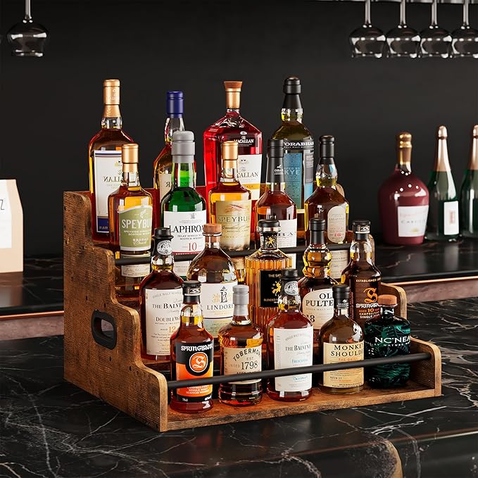 19.6”W x 15.74" D x 12.5" H Inches Versatile 4-Step Coffee Syrup & Water Bottle Organizer Rack Multi-Functional Retro Display Shelf for Kitchen or Bar, Holds Liquor & Spirits, Wooden