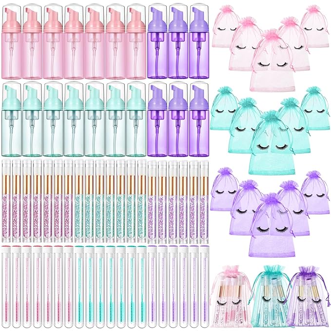 Zhehao 80 Pcs Lash Shampoo Bottle Brushes Kit 20 Foam Pump Dispensers 20 Lash Shampoo Brushes 20 Eyelash Aftercare Bag 20 Cleaning Pipes, Eyelash Extension Supplies (Mixed Colors)