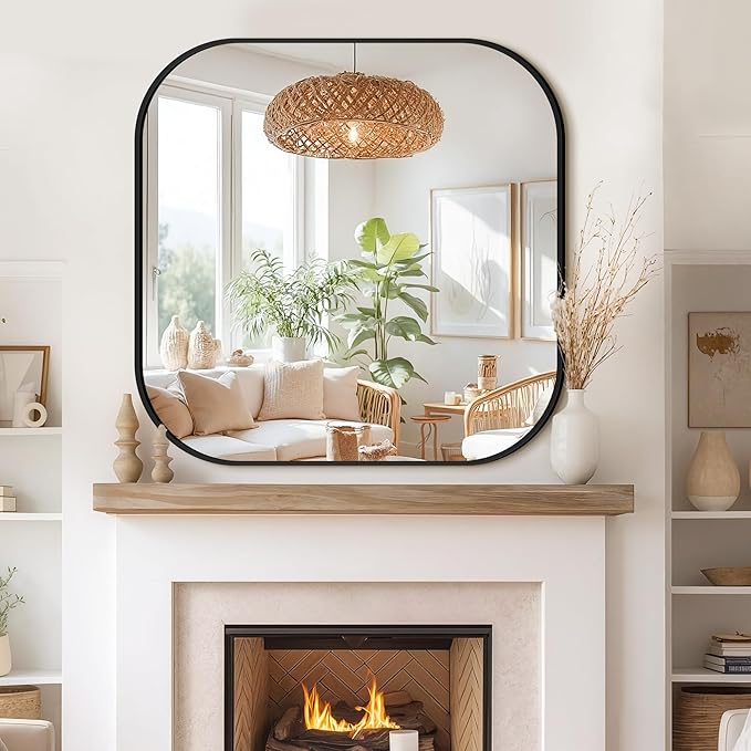 Bathroom Mirror for Wall, Black Bathroom Vanity Mirror for Over Sink 35 x 35, HD Reflection Shatterproof Square Mirror for Living Room Bedroom Entryway, Metal Frame