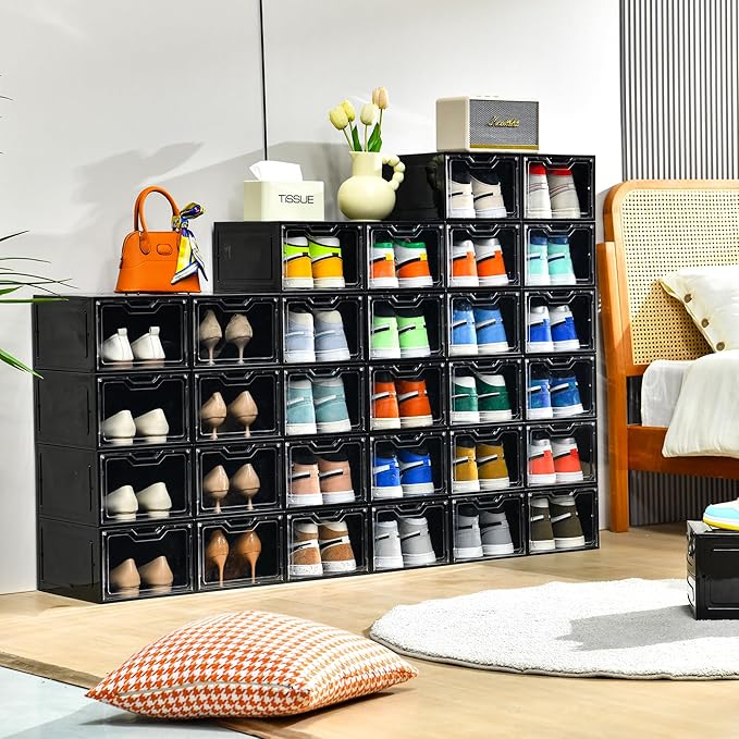 12 Pack Shoe Boxes Organizer, Magnetic Door Shoe Storage Boxes, Clear Sneaker Storage Box for Women/Men, Fit up to US Size 12