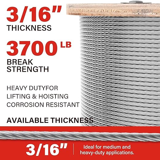 3/16 Stainless Steel Cable, 500ft Wire Rope, 7x19 Strands Aircraft Cable for Deck Cable Railing System, 3700lbs Breaking Strength Marine Grade for Rail, Deck, Clothesline, Yard Zipline