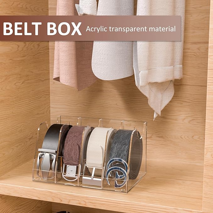 Belt Organizer 4 Compartments, Clear Acrylic Belt Storage for Closet, Wall Mount Belt Holder