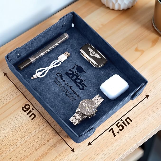 Engraved PU Leather Valet Tray – Personalized Catchall with Custom Name for Desk, Dresser, or Nightstand – Compact Organizer for Keys, Wallet, Jewelry – Graduation Gift for Him or Her – Blue