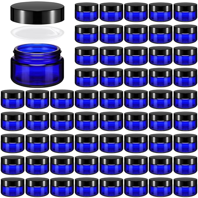 Domensi 60 Pcs 1oz Glass Jars with Lids Bulk Salve Tins Winter Cream Container Small Glass Candle Cosmetic Jars for Travel Lip Balm with Inner Liners for Lotion Sample Cream(Cobalt Blue, Black Lid)