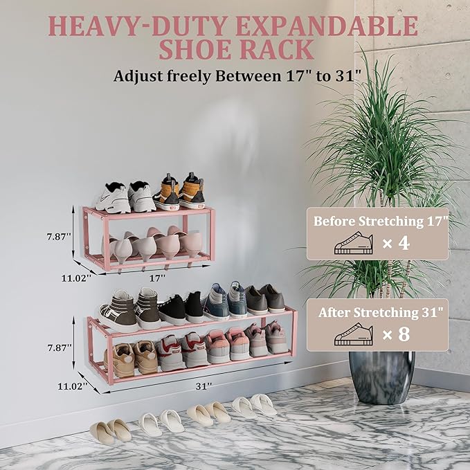 2 Pack Expandable Wall Mounted Shoe Rack, 17"-31" Adjustable Hanging Shoe Rack Holds 16 Pairs, Heavy Duty Metal Shoe Holder with 4 Storage Hooks, Space Saving for Entryway Closet Doorway（Pink）